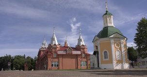 4K high quality video of Sergiev Posad medieval Troice-Sergiev's Lavra complex of churches, cathedrals, walls, roads and area around in small town 70 km east of Moscow, Russia on summer morning