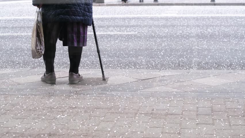 Elderly woman is waiting near the road waiting for the car under a strong hail