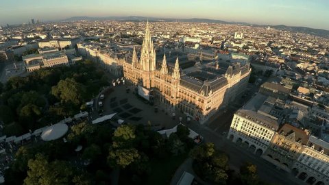 Aerial view. Vein. Vienna. Wien. Vienna City Hall. Rathaus. Austria. Shot in 4K (ultra-high definition (UHD)).