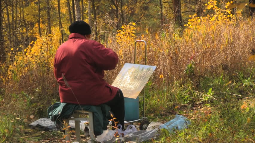 autumn park and painter