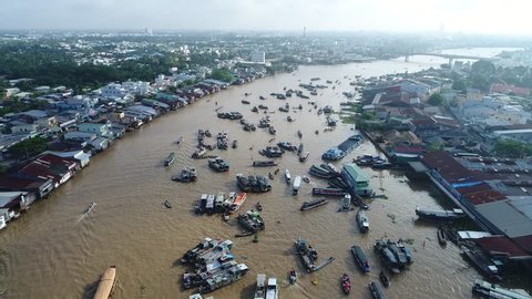 Traditional floating market ( Cai Rang ) on Mekong delta, Can Tho city, Vietnam. From aerial view or drone