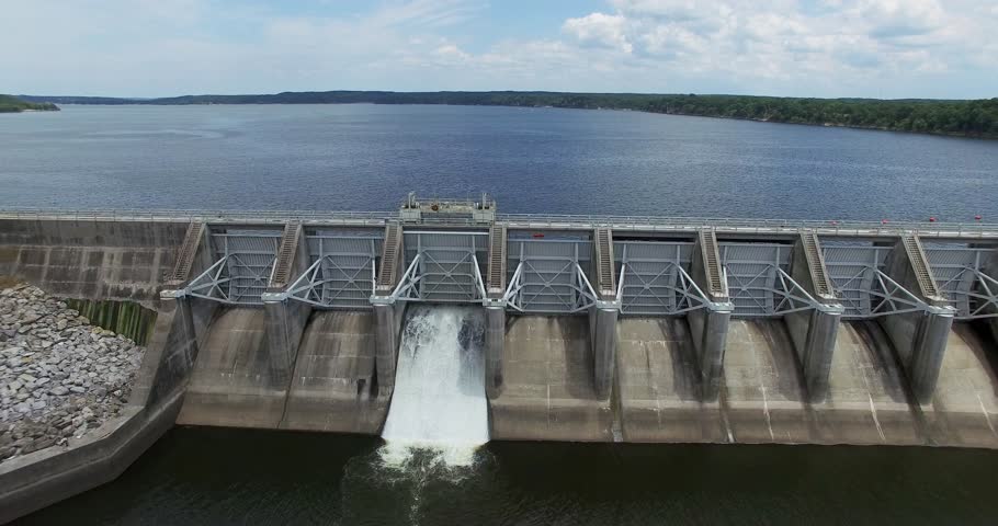Aerial of Robert S Kerr reservoir Dam in Oklahoma. 4k 