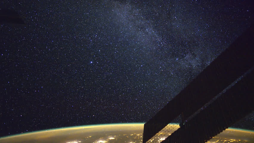 International Space Station (ISS) view of planet earth with aurora and milky way galaxy. Created from Public Domain images, courtesy of NASA Johnson Space Center 