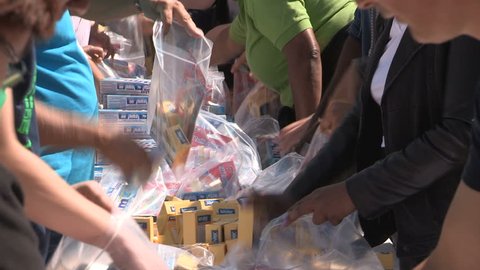 Toronto, Ontario, Canada September 2017 Workers in Toronto prepare emergency aid supplies for hurricane Irma survivors
