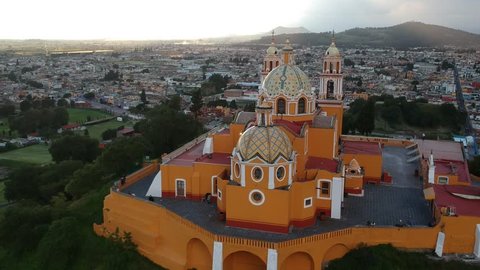 Cholula Mexico Church on Pyramid in Puebla flyby