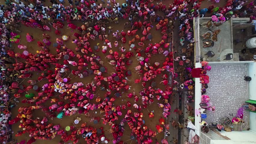 Holi color festival in India, aerial 4k drone footage