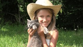 Happy Child Playing with Animals, Laughing Girl Portrait with Cats Outdoor 4K