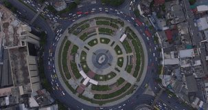 Traffic at Huge roundabout in Bangkok, Thailand. Drone footage.  