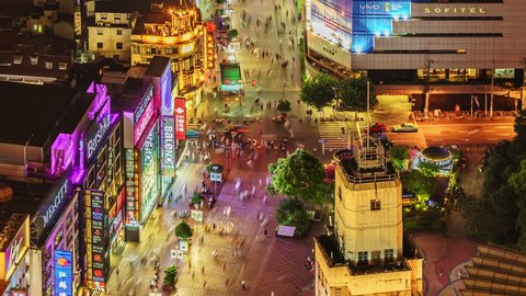 SHANGHAI - CIRCA Sept 2017: Aerial View of shanghai Nanjing Road interchange, heavy traffic jam.. Pedestrian mall Nanjing road is the biggest and busiest shopping street in Shanghai, China.
