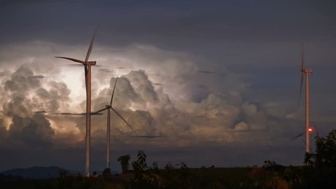 Wind turbines  with lightning and storm ,time lapse 