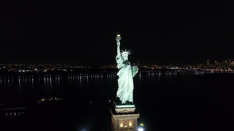Aerial View of Statue of Liberty New York City at Night