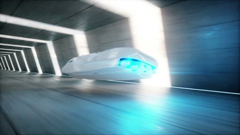 futuristic flying car with woman fast driving in sci fi tunnel, coridor. Concept of future. Realistic 4k animation.