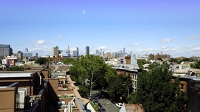 Brooklyn, NYC AERIAL CLIMB UP with Manhattan Skyline, 2017, Bedford-Stuyvesant area.
