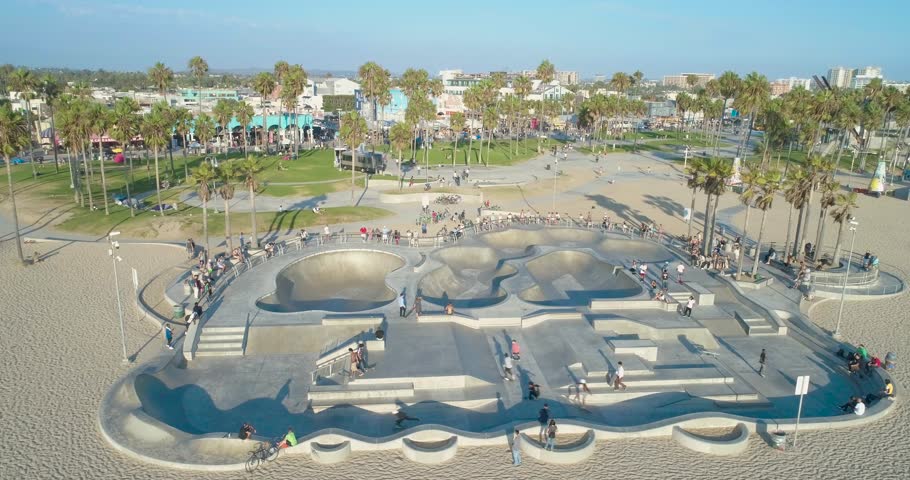 Aerial Drone View of Venice Skate Park in Los Angeles, California