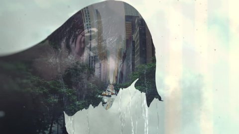 Double exposure portrait of a man under the shower and big city street