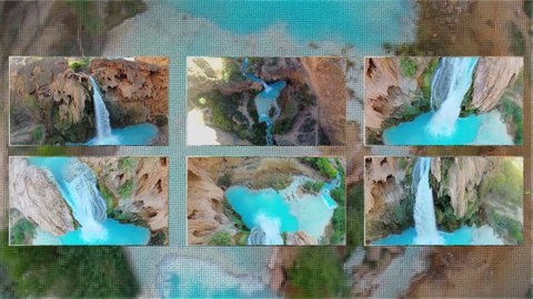 Collage with waterfall Havasu Falls in Grand Canyon at sunny day. Aerial view