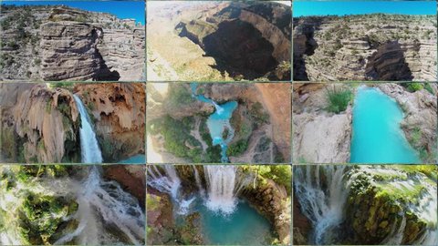 Collage with Rocky mountains and waterfall Havasu Falls in Grand Canyon at sunny day. Aerial view