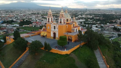 Cholula Mexico aerial shot of Church on pyramid in Puebla 