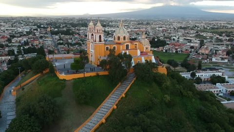 Cholula Mexico aerial shot of Church on pyramid in Puebla 