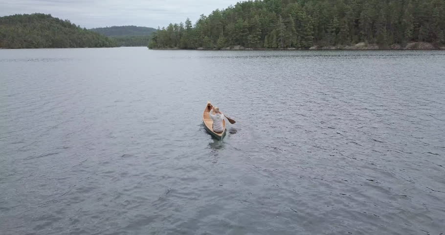 Aerial of man canoing on a blue lake during the summer