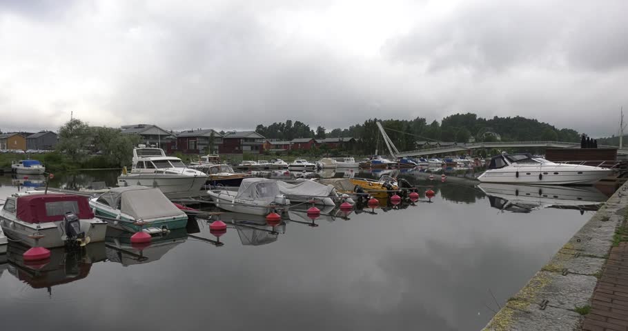 4K high quality video footage of medieval Porvoo old town on river Porvoonjoki, cathedral, river embankment, boats, old warehouses, area 50 km east of Helsinki, capital of Finland in northern Europe