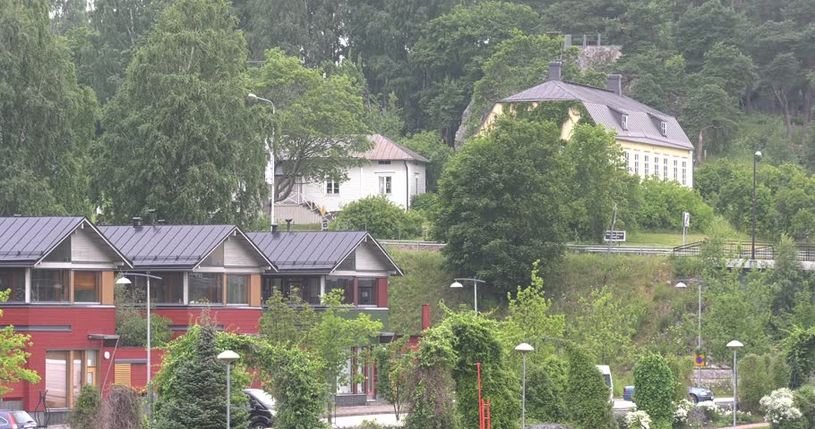 4K high quality video footage of medieval Porvoo old town on river Porvoonjoki, cathedral, river embankment, boats, old warehouses, area 50 km east of Helsinki, capital of Finland in northern Europe
