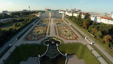 Aerial view. Vein. Vienna. Wien. Belvedere. The palace complex. Austria. Shot in 4K (ultra-high definition (UHD)).