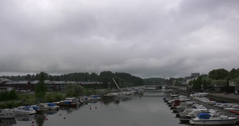 4K high quality video footage of medieval Porvoo old town on river Porvoonjoki, cathedral, river embankment, boats, old warehouses, area 50 km east of Helsinki, capital of Finland in northern Europe