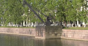4K video footage view of Kronstadt town center crane mechanism and area around it near St Petersburg 700 km from Moscow, Russia on sunny summer morning