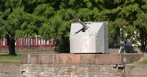 4K video footage view of Kronstadt town navy cannon monument by central park and area around it near St Petersburg 700 km from Moscow, Russia on sunny summer morning