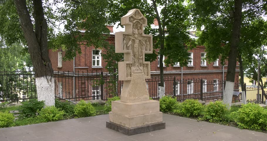 4K high quality video of Khotkovo medieval monastery complex of churches, cathedrals, walls, roads and area around in small town 60 km east of Moscow, Russia on summer morning