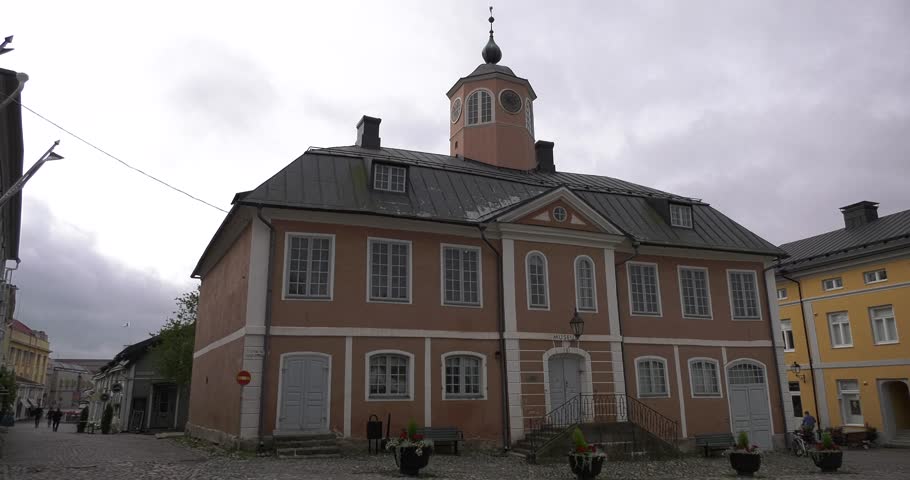 4K high quality video footage of medieval Porvoo old town on river Porvoonjoki, cathedral, river embankment, boats, old warehouses, area 50 km east of Helsinki, capital of Finland in northern Europe