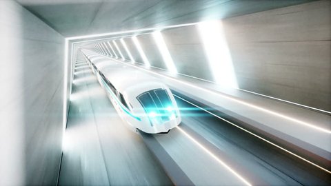 futuristic modern train, monorail fast driving in sci fi tunnel, coridor. Concept of future. Realistic 4k animation.