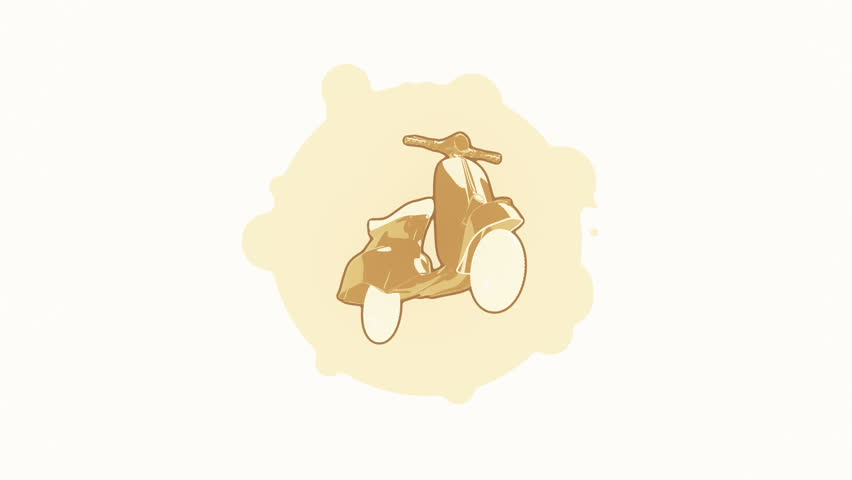 Animation rotation of scooter in flat icon style on colorful background with circle with flying particles. Line art style. Animation of seamless loop.