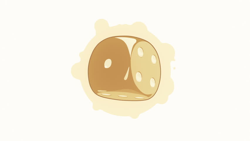 Animation rotation of dice in flat icon style on colorful background with circle with flying particles. Line art style. Animation of seamless loop.