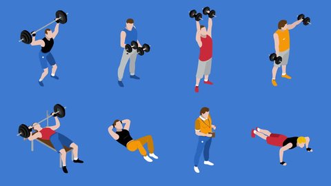 Gym and training isometric icons set on blue background available in 4k UHD FullHD and HD 3d video footage