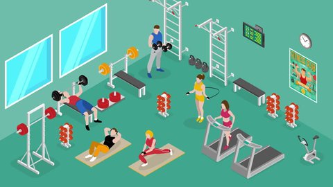 City fitness workout gym center with equipment for strength and cardio exercises isomeric available in 4k UHD FullHD and HD 3d video footage