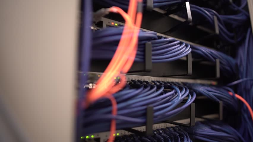 Bank of Blue Network Cables. LED lights flashing.  Royalty-Free Stock Footage #30773638