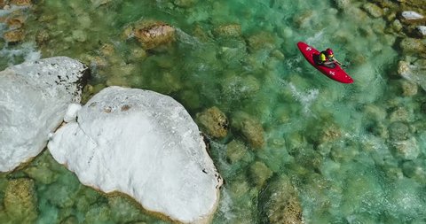 17.08.2017. Slovenia, Kobarid
Some Whitewater kayaker on the emerald waters of Soca river, Slovenia, are the rafting paradise for adrenaline seekers.
Aerial view footage.
17.08.2017. Slovenia, Kobarid