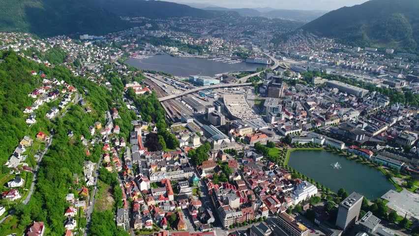 Bergen is a city and municipality in Hordaland on the west coast of Norway. Bergen is the second-largest city in Norway. The view from the height of bird flight. Aerial FPV drone flights.