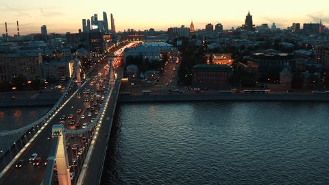 night light moscow river krymsky bridge gorky park aerial panorama 4k russia 4k
