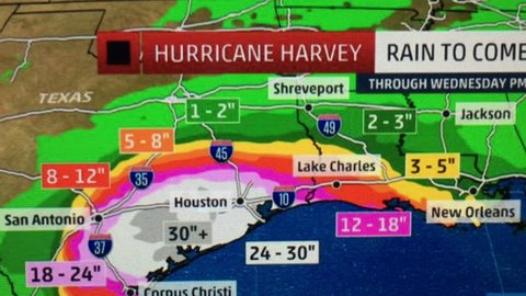 Hurricane Harvey that devastated the city of Houston, Texas from the perspective of a colorful weather map.  