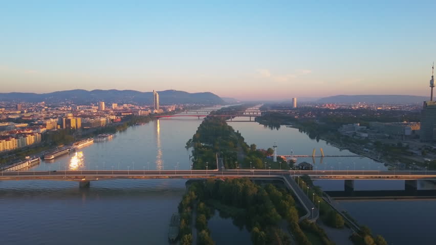 vienna aerial shot,flying over danube river at sunrise Royalty-Free Stock Footage #30793090