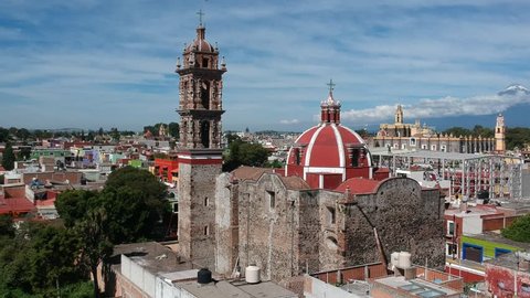 Cholula Mexico Church in Puebla aerial footage