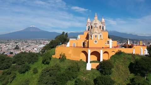 Cholula Mexico Church on Pyramid in Puebla aerial footage
