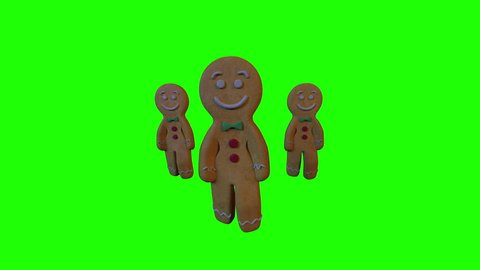 Gingerbread Dancers 3D animation of funny, hot and sweet cookie boys dancing for holiday and kid event, show, VJ, party, music, website, banner, dvd. Green background