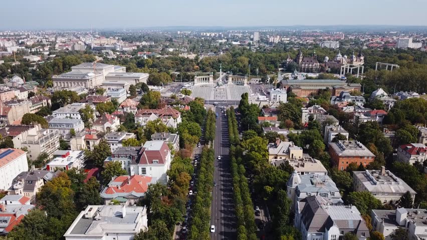 Heroes square (Hosok Tere) of Budapest, Hungary - Aerial view along Andrassy blvd.