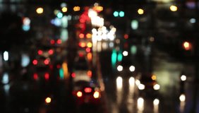 Rainy night traffic,motion blur and bokeh effect  viewed top from the road bridge with sound of traffic and car,udon thani, Thailand.night cityscap