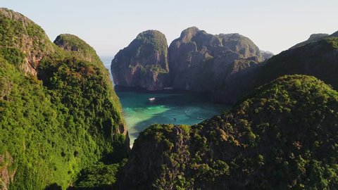 Flying in to Maya Bay - The Beach over mountain at rear