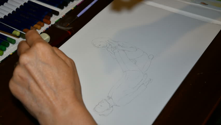 An artist draws with watercolor pencils in a time lapse
